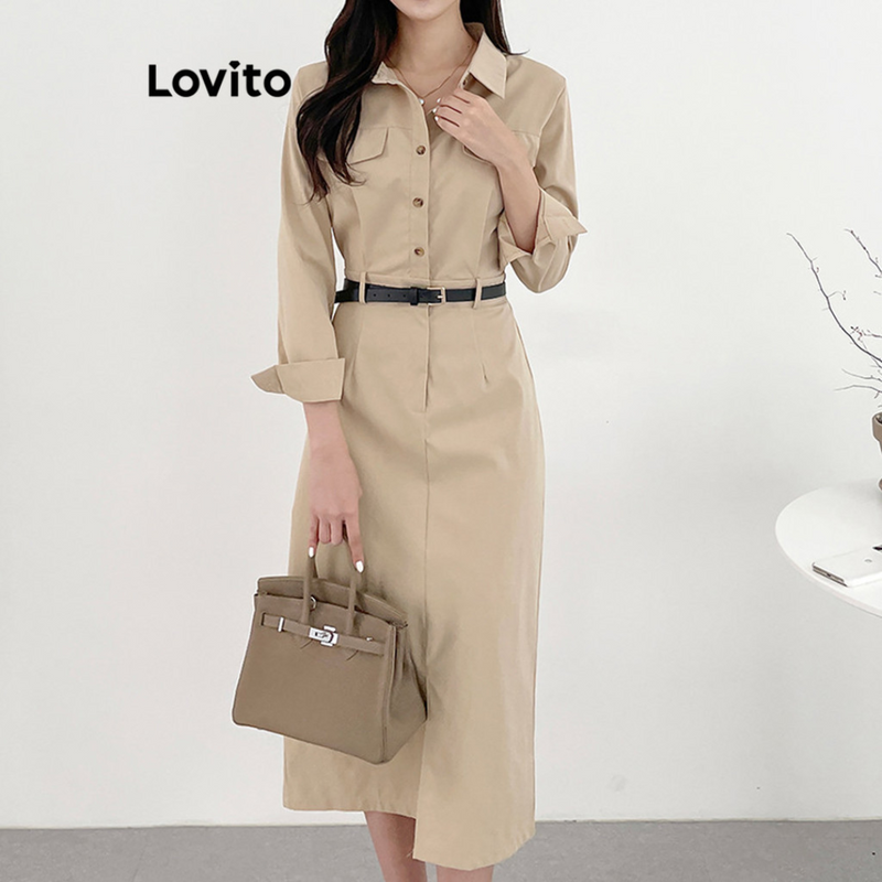 Lovito Casual Vestido Feminino Liso com Bolso e Botão