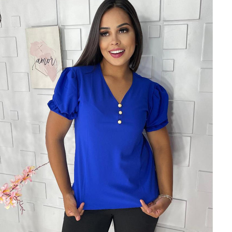 Blusa social com pérolas e manga bufante! Conforto e Beleza para você!