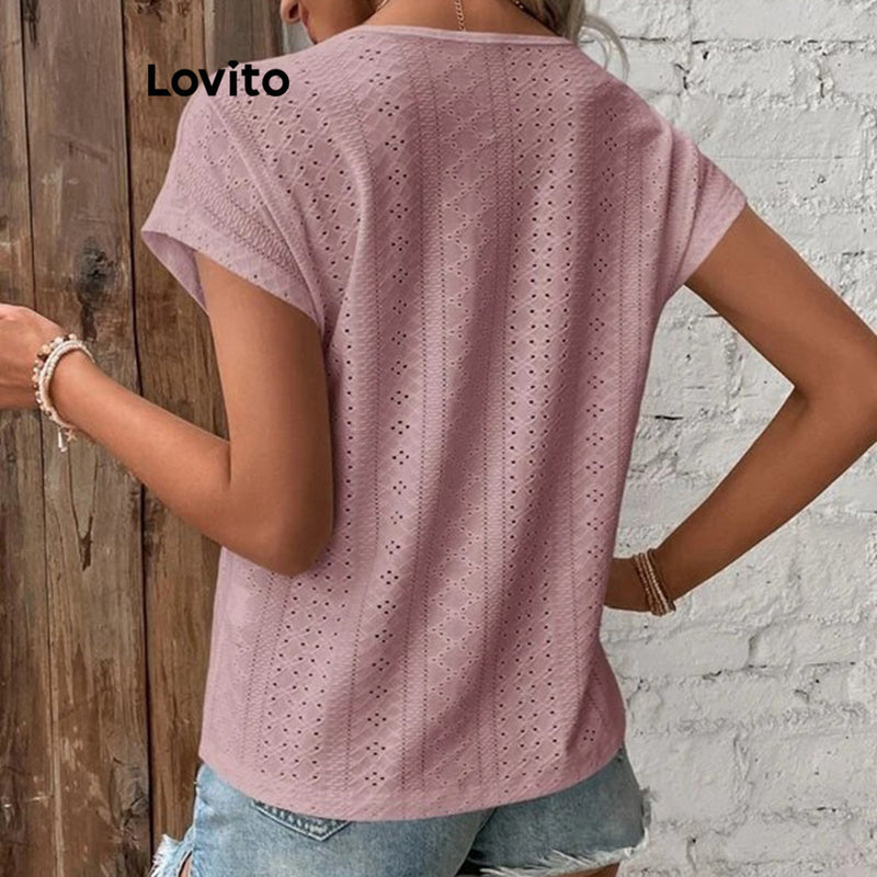 Lovito Elegante Camiseta Feminina de Patchwork com Recorte