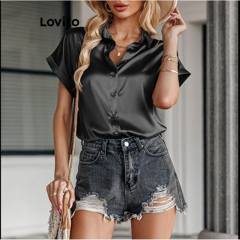 Lovito Casual Blusa Feminina Lisa de Cetim com Botão!