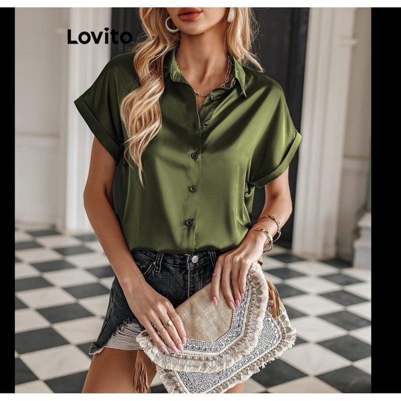 Lovito Casual Blusa Feminina Lisa de Cetim com Botão!