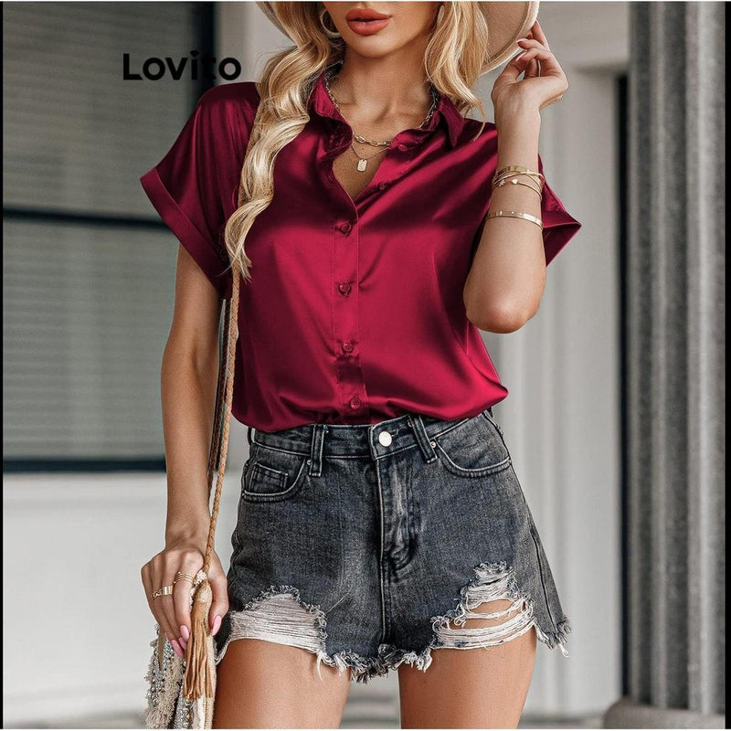 Lovito Casual Blusa Feminina Lisa de Cetim com Botão!