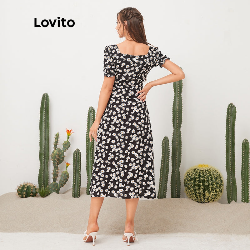 Lovito Casual Vestido de Estampa Floral de Gola Quadrada.