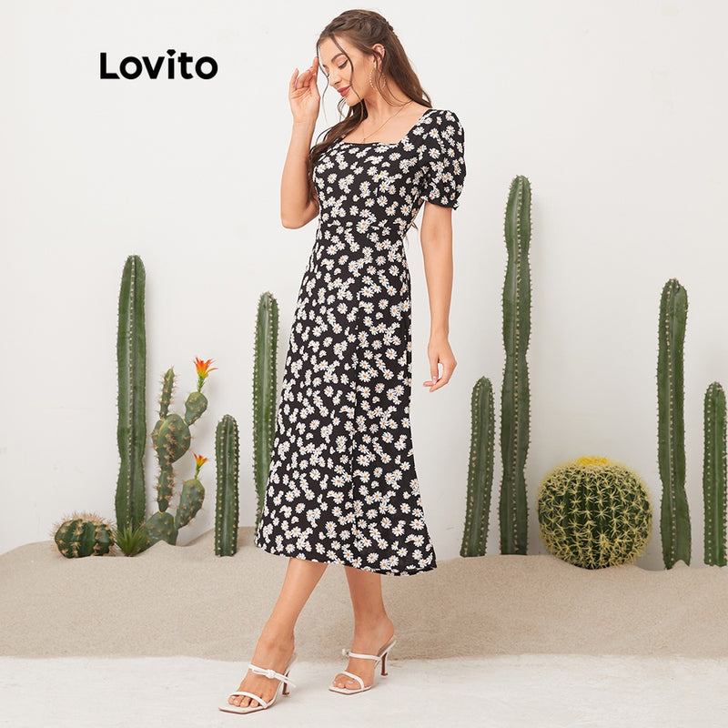 Lovito Casual Vestido de Estampa Floral de Gola Quadrada.