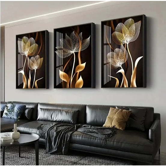 Conjunto de Quadro decorativo Premium 3 peças Abstrato Preto flor dourada. Transformando sua casa  com  Beleza e Sofisticação .