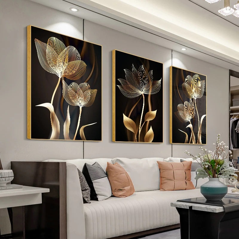 Conjunto de Quadro decorativo Premium 3 peças Abstrato Preto flor dourada. Transformando sua casa  com  Beleza e Sofisticação .