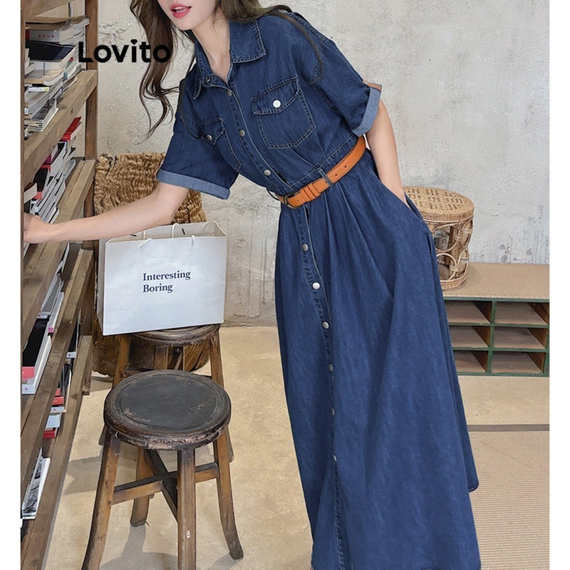 Lovito Vestido Casual de Jeans Linha-A com Mangas Curtas e Gola A-Line.Estilo e Corforto pra você!