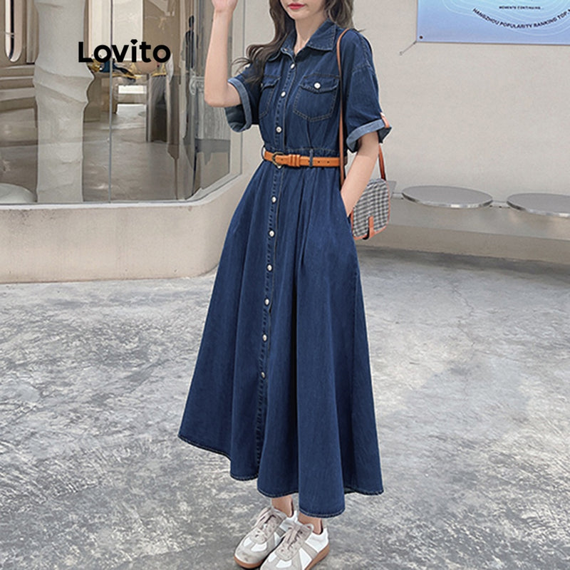 Lovito Vestido Casual de Jeans Linha-A com Mangas Curtas e Gola A-Line.Estilo e Corforto pra você!