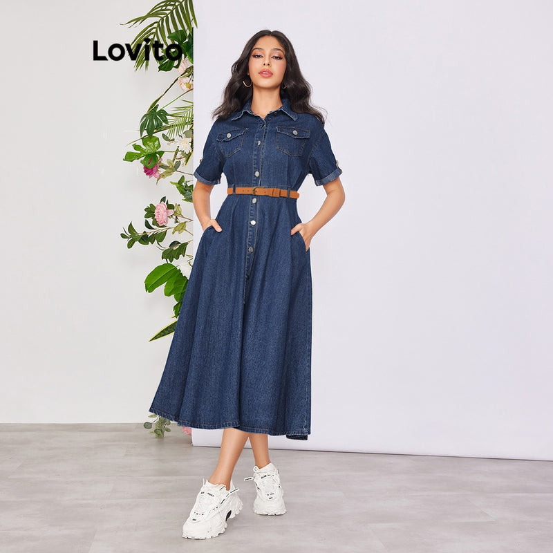 Lovito Vestido Casual de Jeans Linha-A com Mangas Curtas e Gola A-Line.Estilo e Corforto pra você!