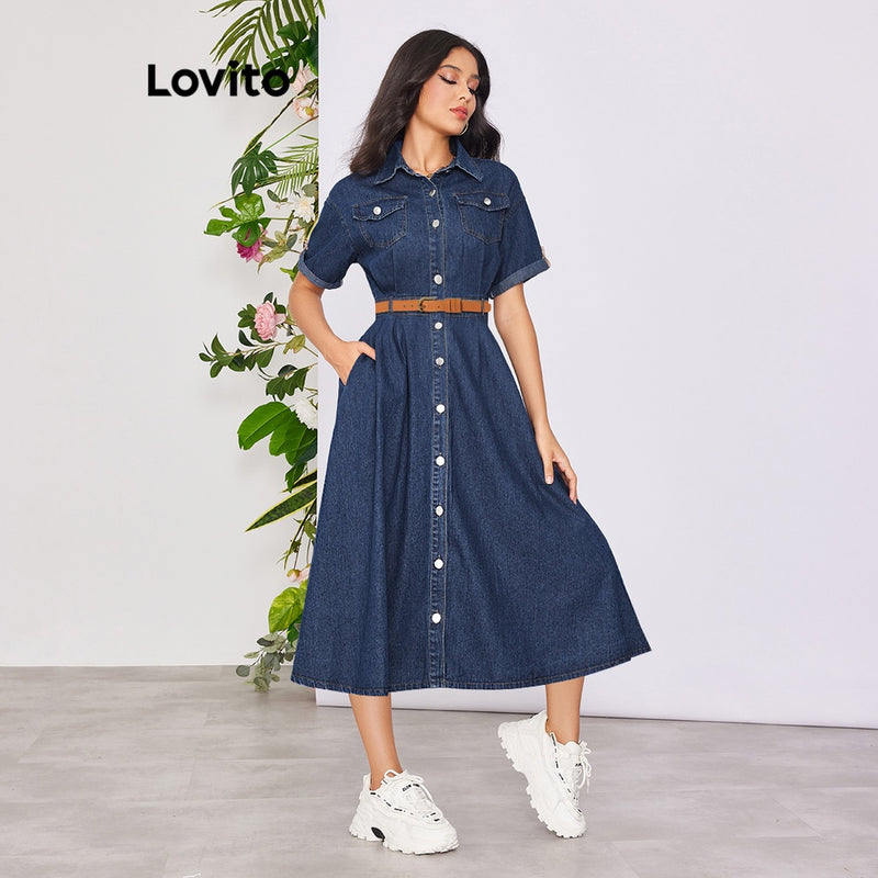 Lovito Vestido Casual de Jeans Linha-A com Mangas Curtas e Gola A-Line.Estilo e Corforto pra você!