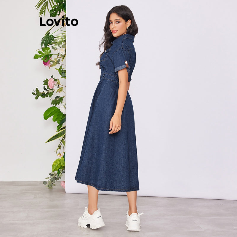 Lovito Vestido Casual de Jeans Linha-A com Mangas Curtas e Gola A-Line.Estilo e Corforto pra você!