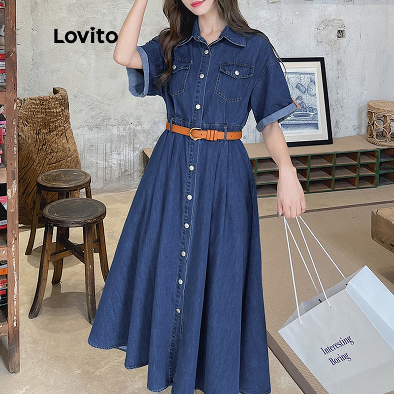 Lovito Vestido Casual de Jeans Linha-A com Mangas Curtas e Gola A-Line.Estilo e Corforto pra você!