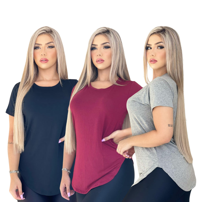 Kit 3 Blusa Camiseta Feminina Longa Academia Basica Lisa Longline!