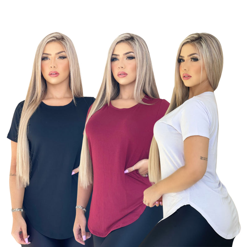 Kit 3 Blusa Camiseta Feminina Longa Academia Basica Lisa Longline!