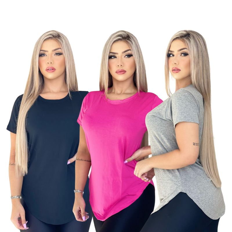 Kit 3 Blusa Camiseta Feminina Longa Academia Basica Lisa Longline!