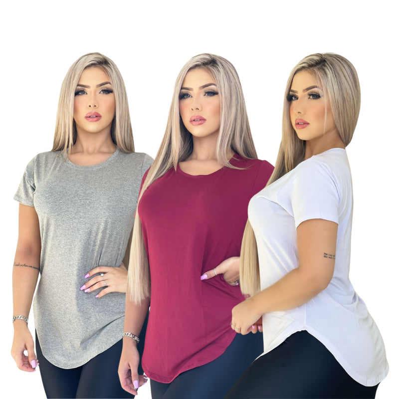 Kit 3 Blusa Camiseta Feminina Longa Academia Basica Lisa Longline!