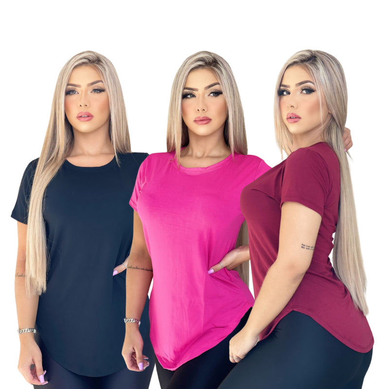 Kit 3 Blusa Camiseta Feminina Longa Academia Basica Lisa Longline!