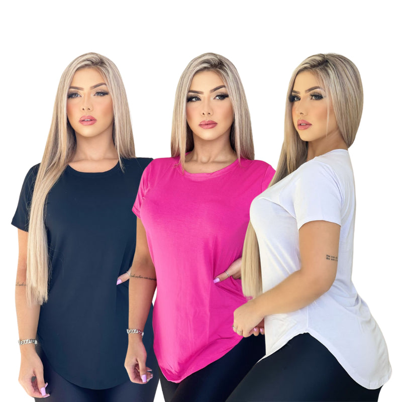 Kit 3 Blusa Camiseta Feminina Longa Academia Basica Lisa Longline!