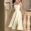 Lovito Elegante Vestido Feminino Liso com Laço Frontal e Traseiro.