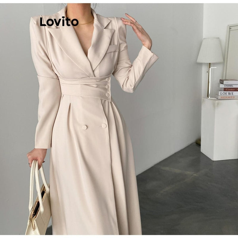 Lovito Elegante Vestido com Botão Duplo Liso