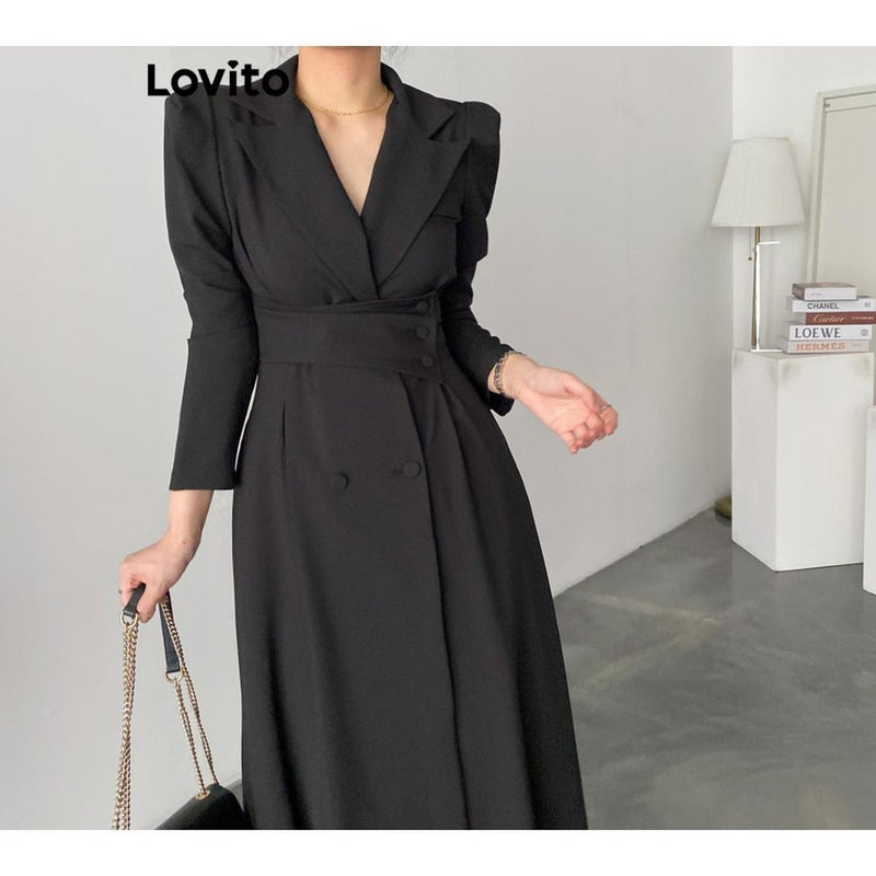 Lovito Elegante Vestido com Botão Duplo Liso