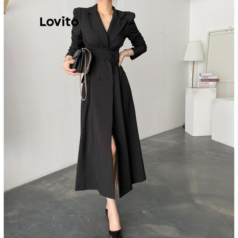 Lovito Elegante Vestido com Botão Duplo Liso