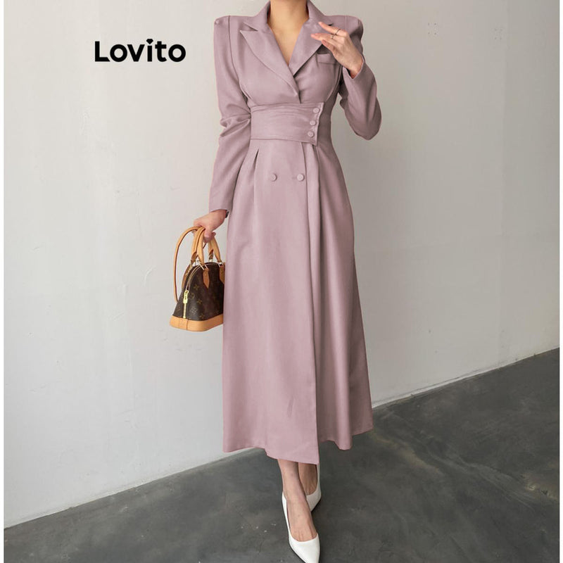 Lovito Elegante Vestido com Botão Duplo Liso