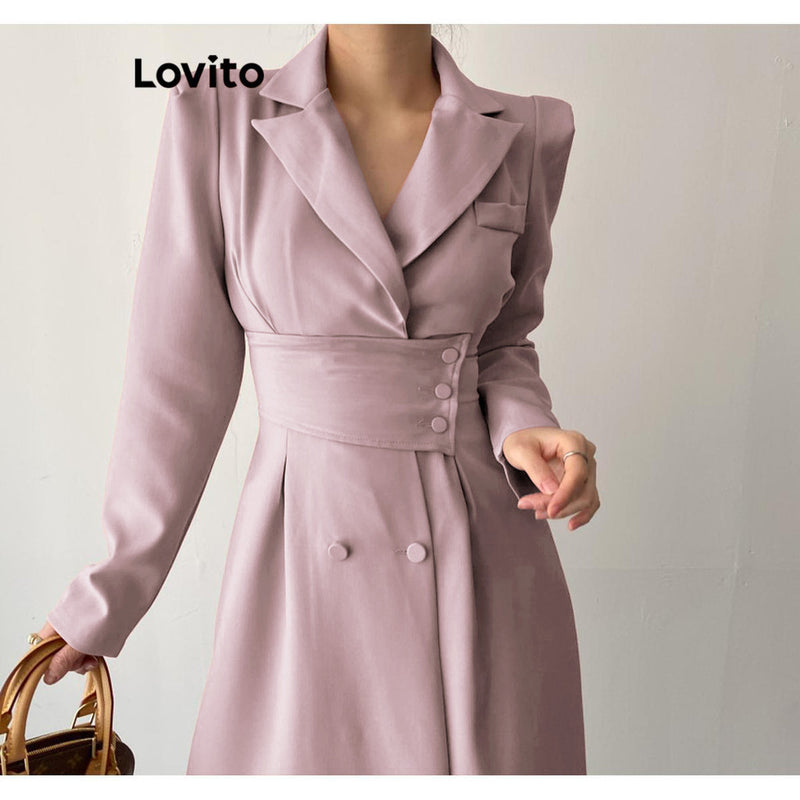 Lovito Elegante Vestido com Botão Duplo Liso