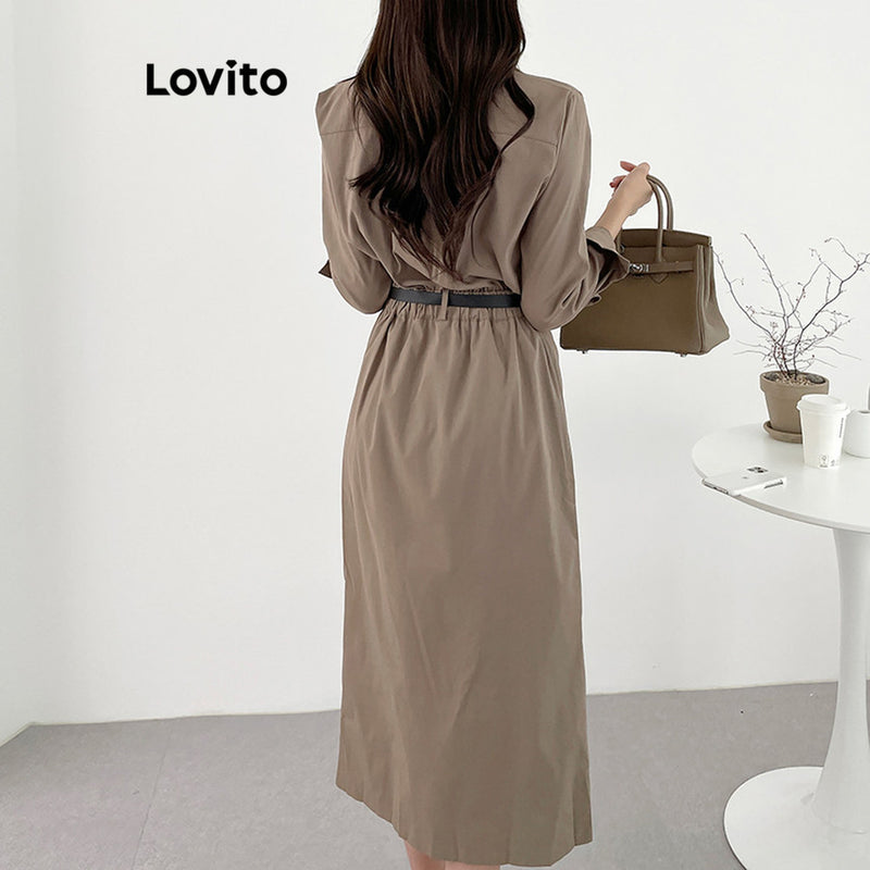 Lovito Casual Vestido Feminino Liso com Bolso e Botão