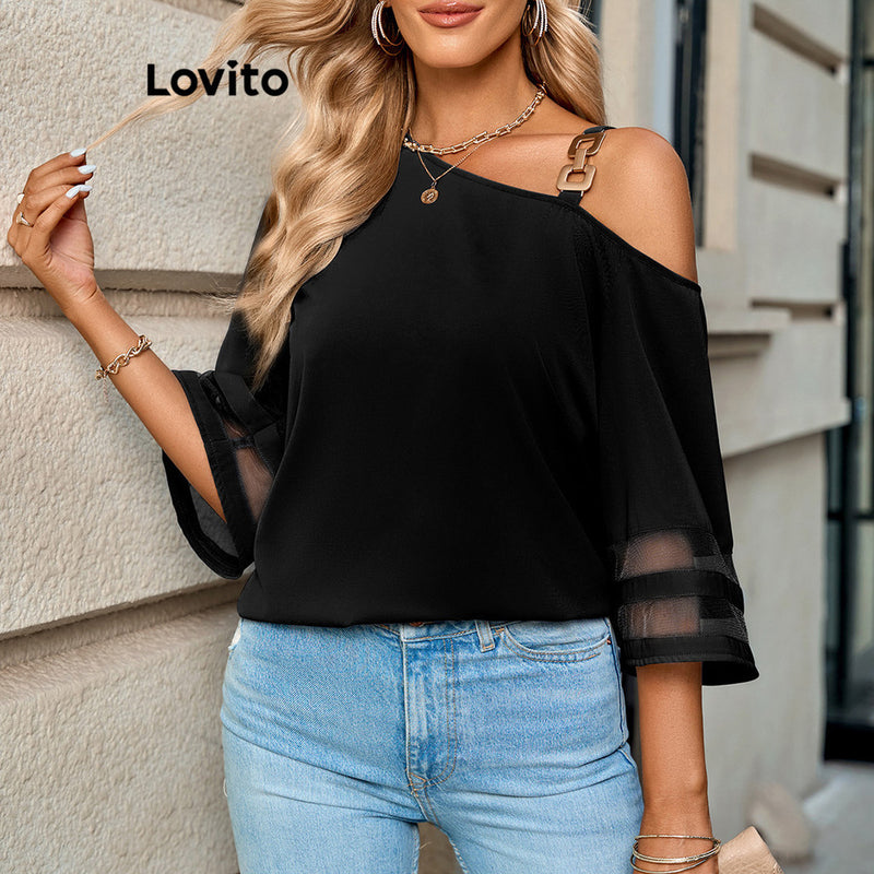 Lovito Blusa com Detalhe de Tecido Simples Casual para Mulheres!