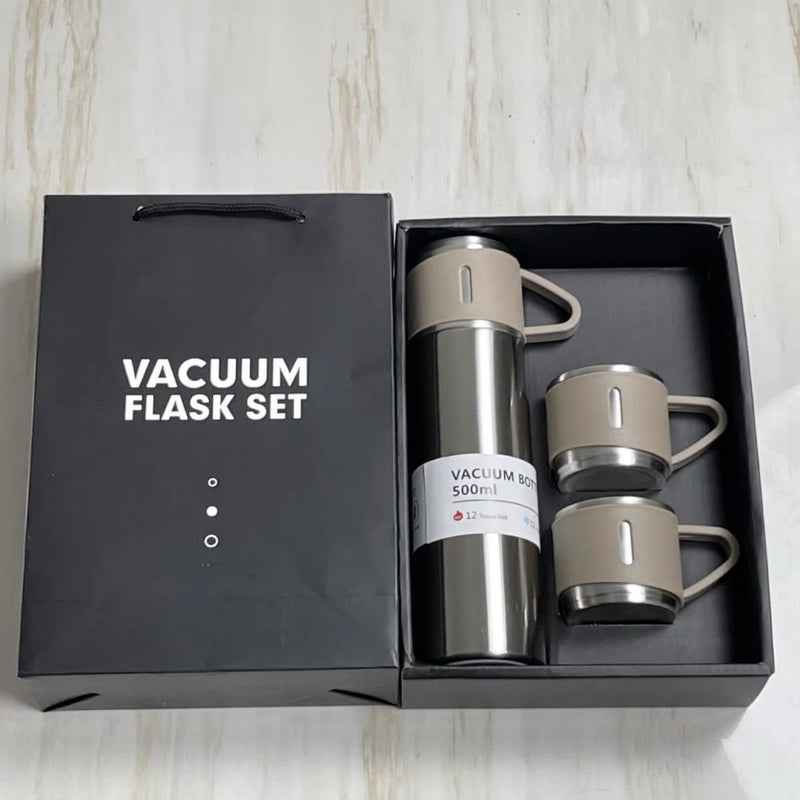 Kit Caneca Garrafa Térmica Vacuum Bottle Inox 500ml + 3 Xícaras Bebidas Fria ou Quente!