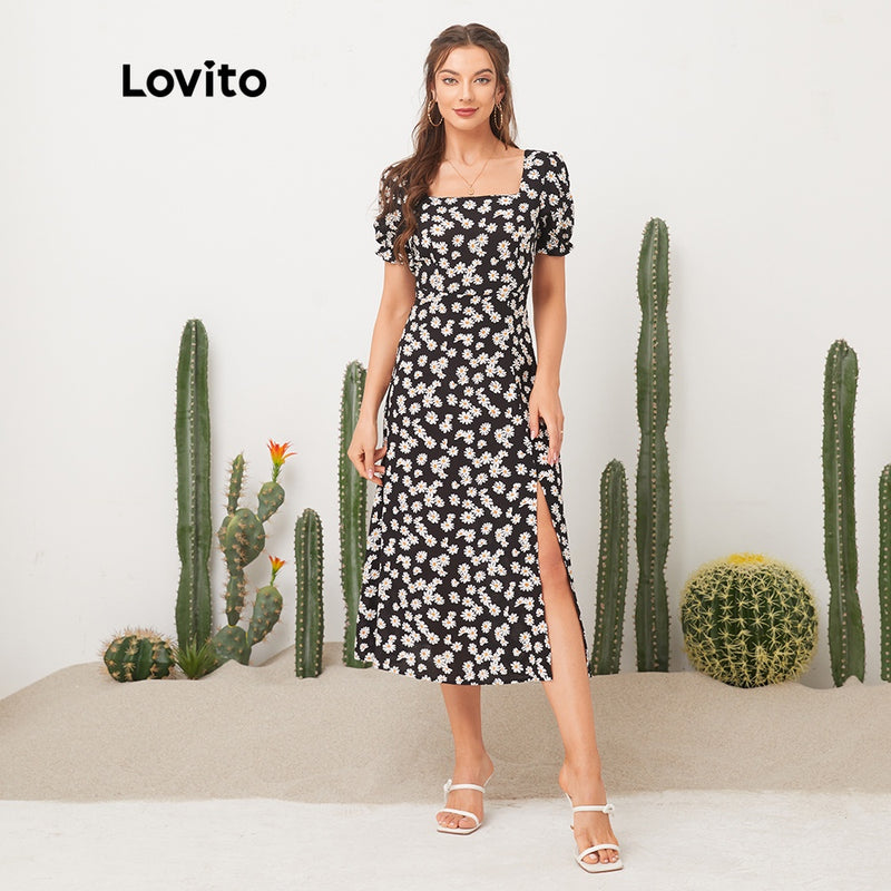 Lovito Casual Vestido de Estampa Floral de Gola Quadrada.