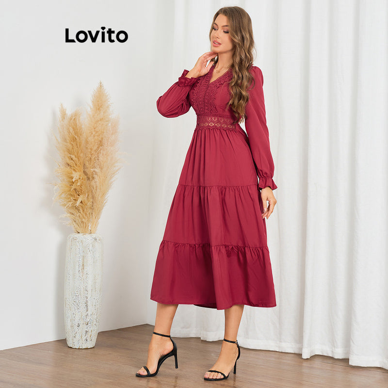 Lovito Vestido casual com costura em tecido de renda lisa!