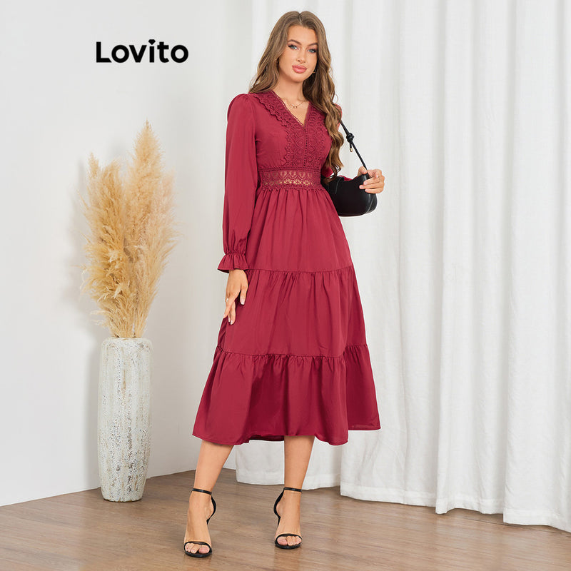 Lovito Vestido casual com costura em tecido de renda lisa!