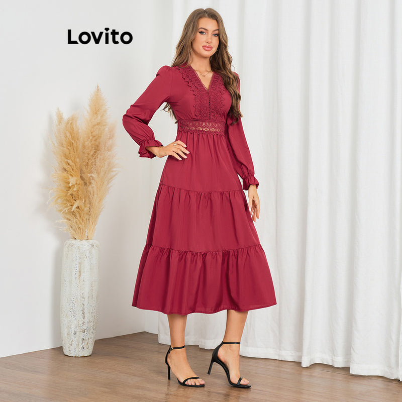 Lovito Vestido casual com costura em tecido de renda lisa!