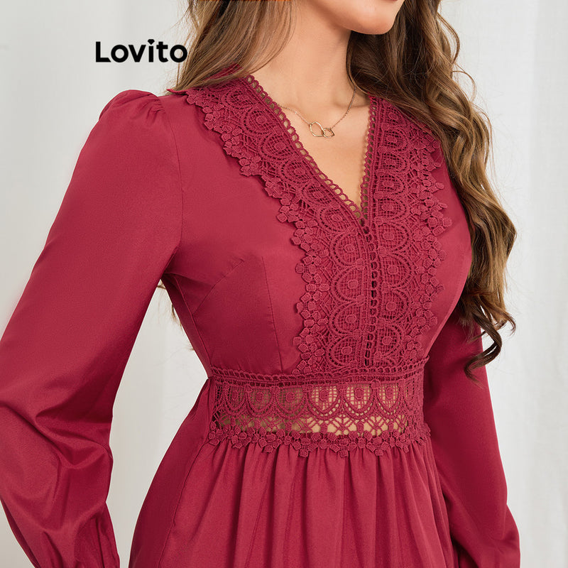 Lovito Vestido casual com costura em tecido de renda lisa!