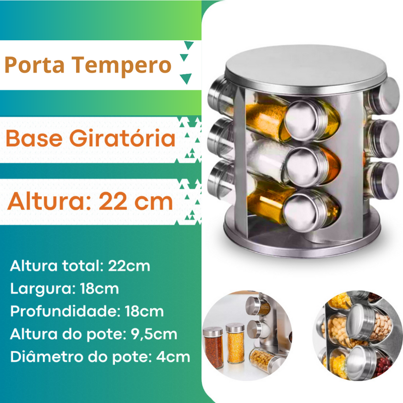 Porta Tempero Giratório Inox 12 Potes Com Suporte Giratório