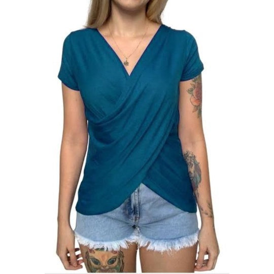 Blusa Feminina Transpassada Manga Curta Decote Casual Elegante