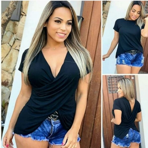 Blusa Feminina Transpassada Manga Curta Decote Casual Elegante