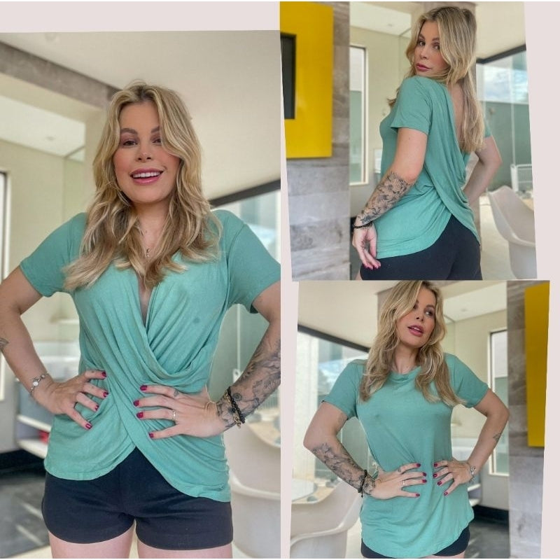 Blusa Feminina Transpassada Manga Curta Decote Casual Elegante