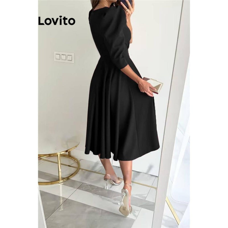 Lovito Vestido feminino elegante simples plissado!