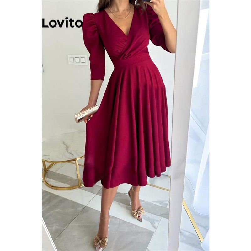 Lovito Vestido feminino elegante simples plissado!