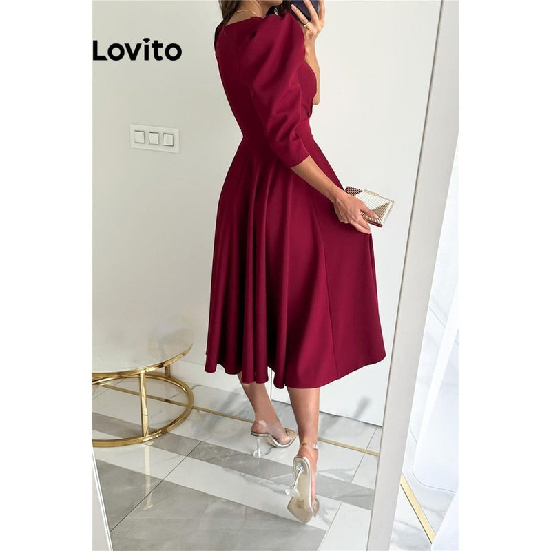 Lovito Vestido feminino elegante simples plissado!