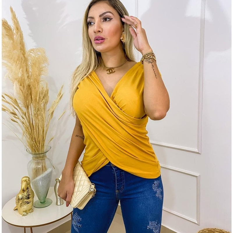 Blusa Feminina Transpassada Manga Curta Decote Casual Elegante