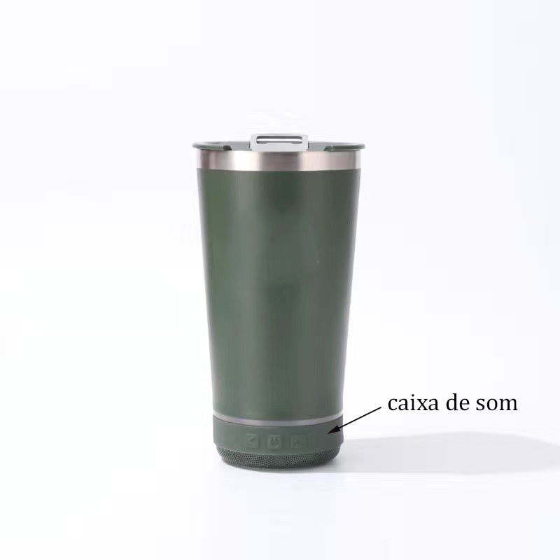 Copo Térmico inox com tampa abridor e Caixa de Som com bluetooth Led