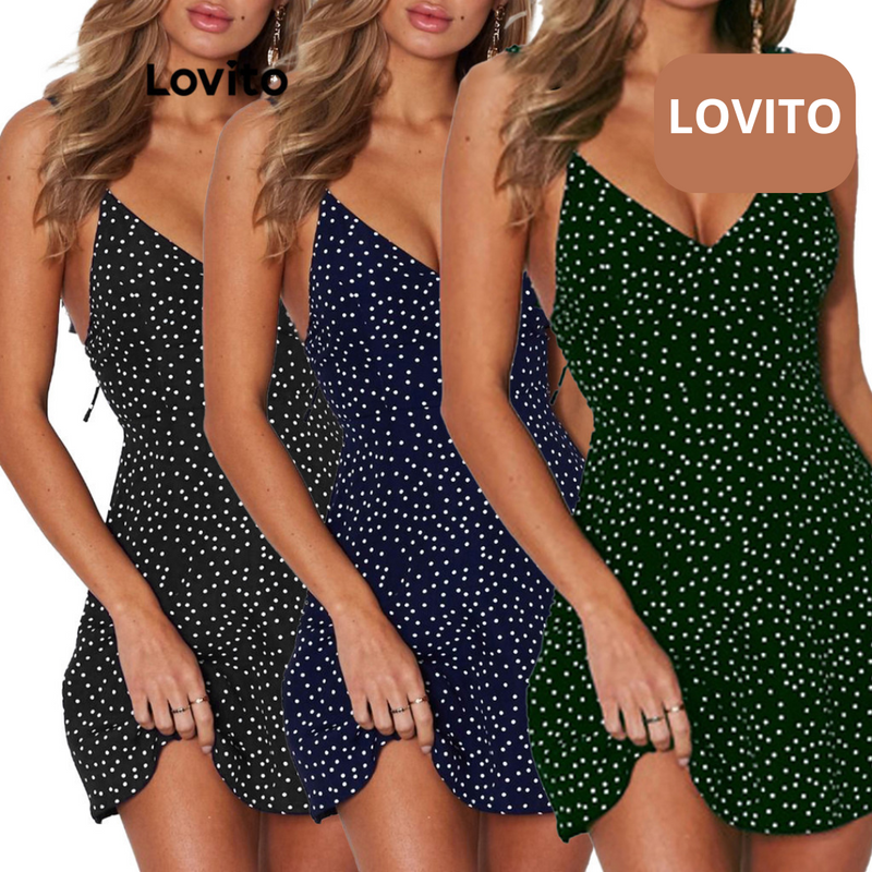 Lovito Casual Vestido Feminino com Acabamento em Alface Estampa de Bolinhas.